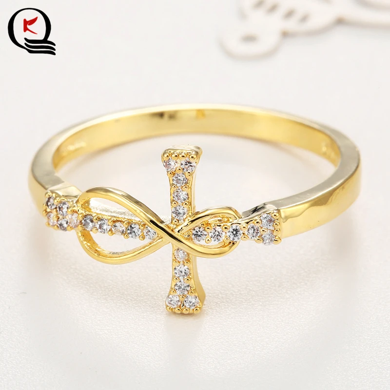 Classical Elegant Gold Color Cross Inlay White Crystal Finger Ring Women Engagement Wedding Party Jewelry Gift