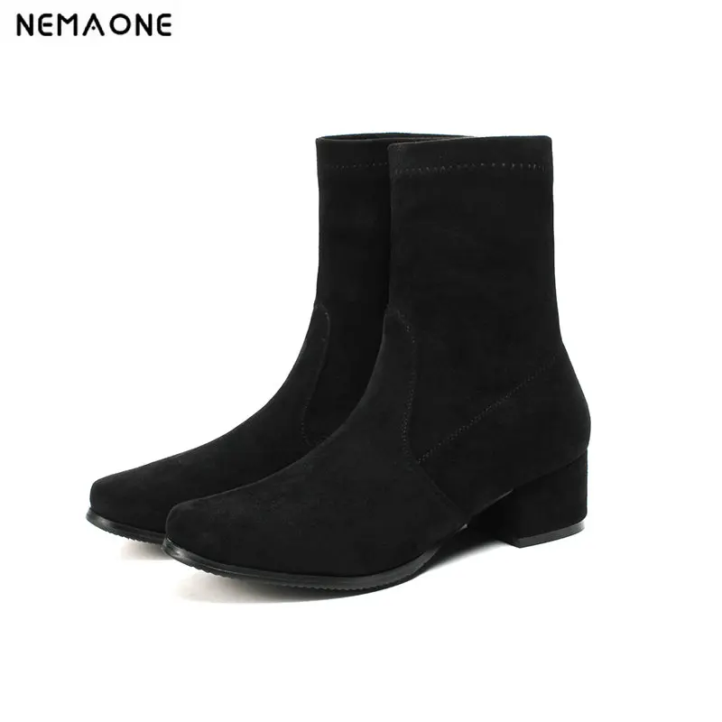 

NemaoNe Genuine Leather Ankle boots for women med heel boots Sexy roued Toe Winter shoes woman botas mujer botte femme