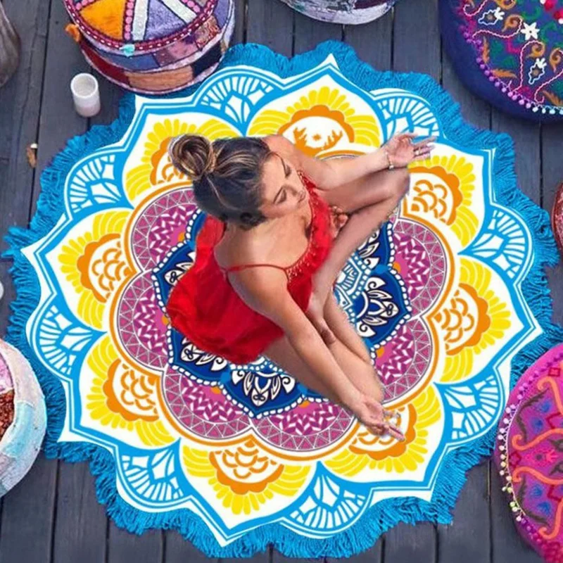

Mandala Summer Beach Towel Indian Large Lotus Printing Yoga Mat Round Tassel Tapestry Totem Blanket Floor Pad 150cm