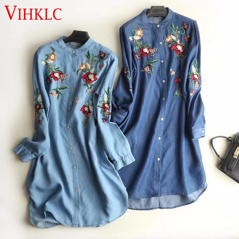 

2018 women clothing long sleeve floral embroidery washed denim shirt dress Female fashion casual loose mini jean dresses T608