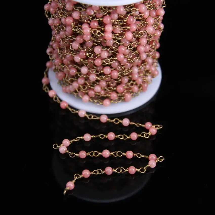 4 мм, розовый Малайзии jade Круглый бисер Розария цепи, природной яшмы бисер Ссылка латунная проволока завернутый браслет-цепочка Цепочки и