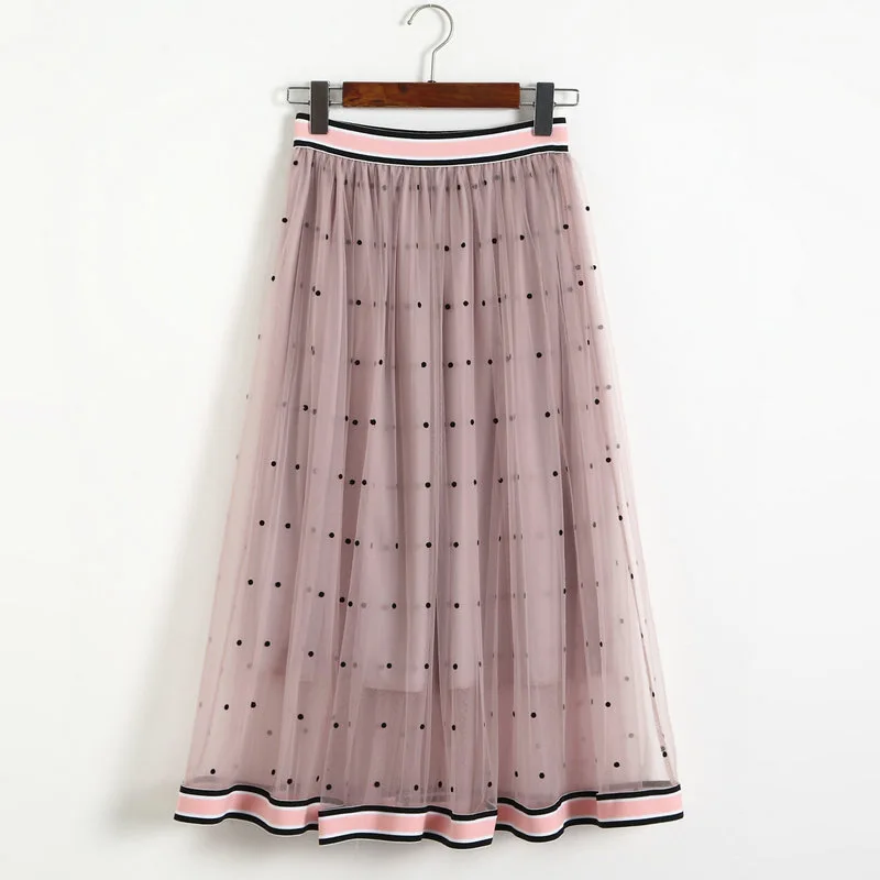 

New fashion wave splicing skirts 2018 summer skirts elastic waist bump color flocking diandian gauze skirt