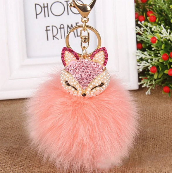 

Luxurious Big Real FOX Hair Fur Ball Fur Pom Pom Crystal Fox Bag&Car Key Chain Jewelry Wholesale Retail Bag Charms Key Ring