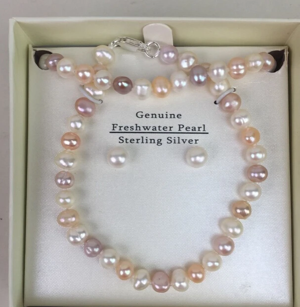

ddh001133 Pearl Freshwater Pink Set Necklace Bracelet Sterling Stud Earrings
