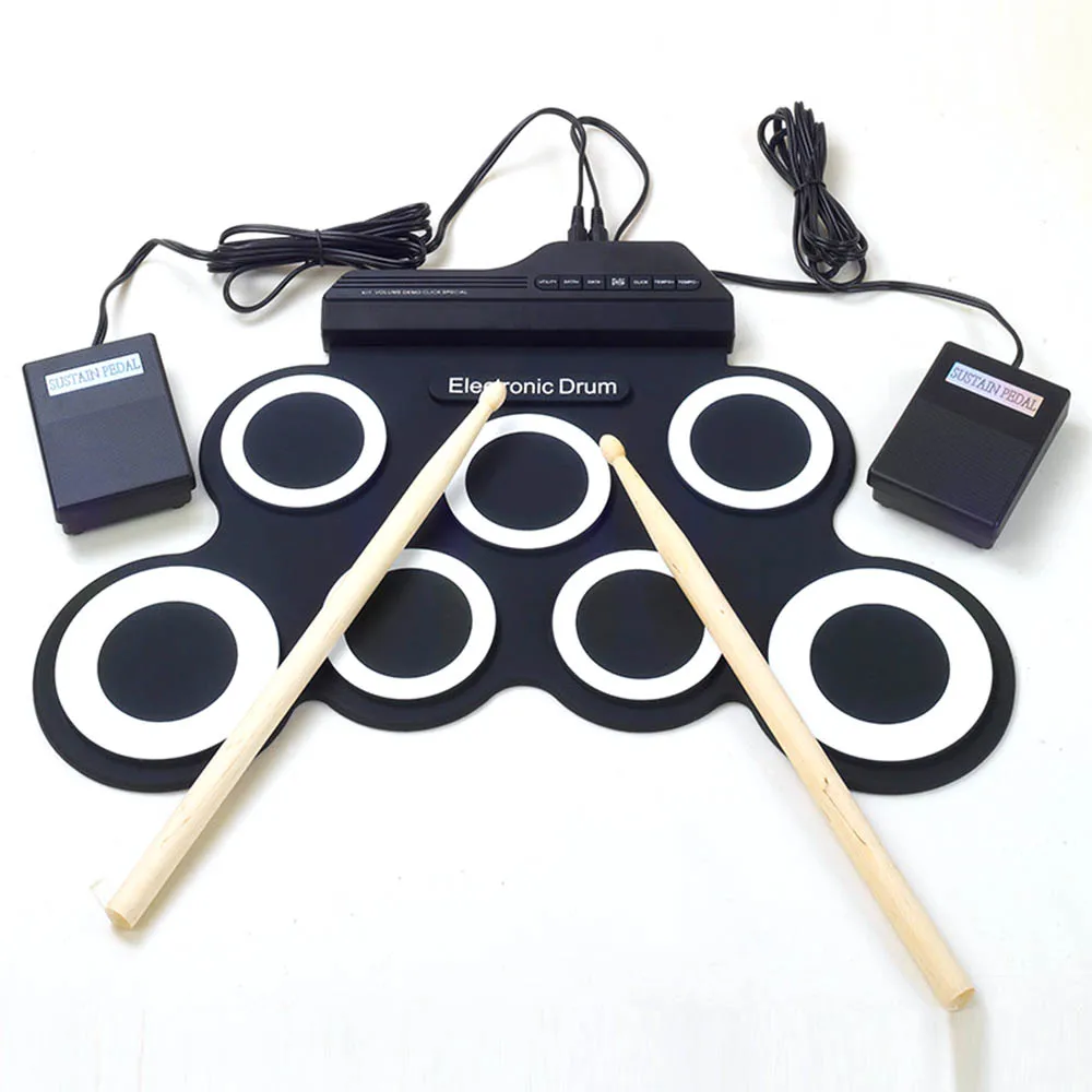 

Portable Silicone Electronic Drum Pad Kit Digital USB Roll-up with Drumstick Foot Pedal 3.5mm Audio Cable for Children Kids Gift