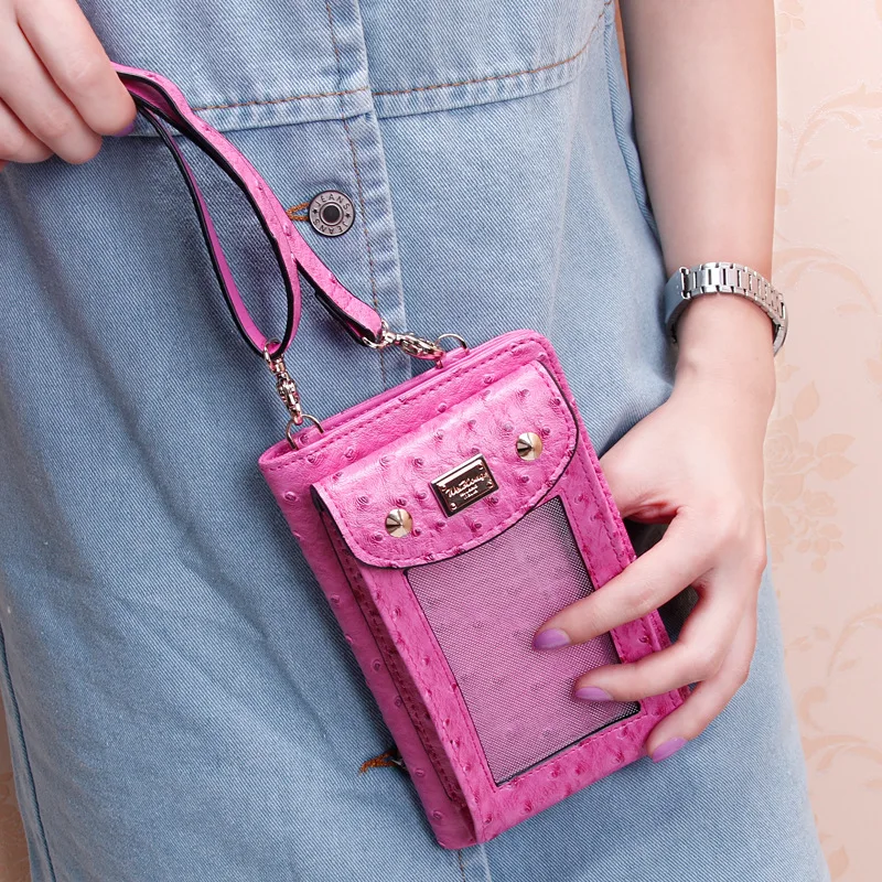 

Phone Wallet Money Handy Bag Ostrich Leather Credit Card Holders Inside Genuine Leather Phone Bag with Long Strap