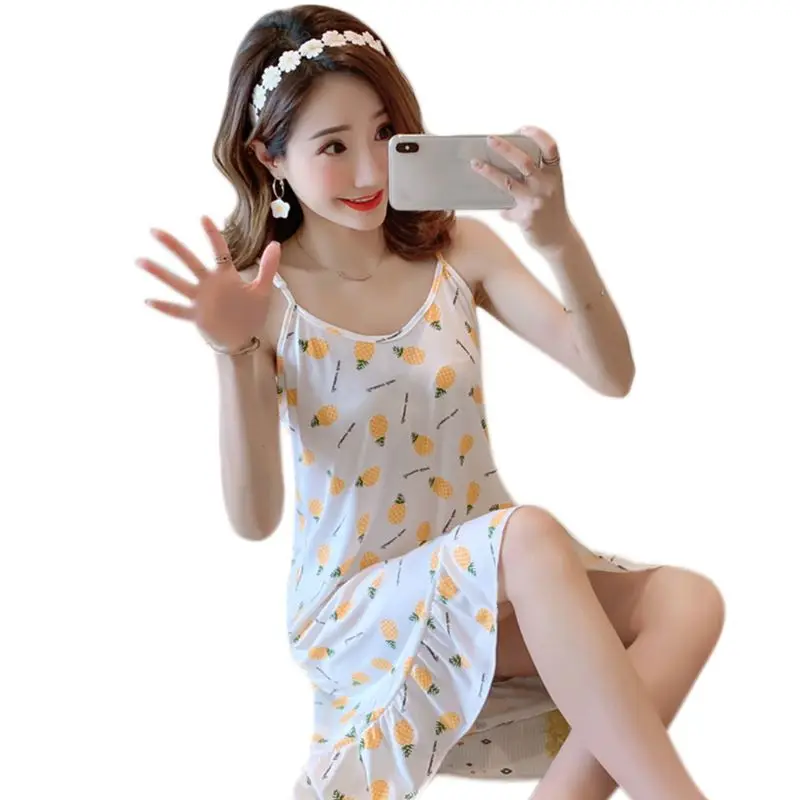 Женская летняя свободная Ночная рубашка средней длины на бретельках с милым рисунком Фламинго ананаса, гофрированная Пижама с маской для глаз - Цвет: B Pineapple