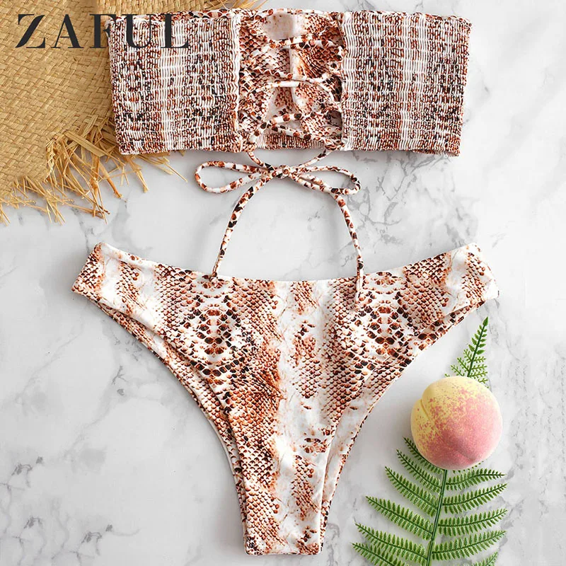 

ZAFUL Lace Up Snakeskin Print Summer Bandeau Bandage Swimsuit Biquinis Holiday Padded Bra Thong Bathing Beach Maillot De Bain