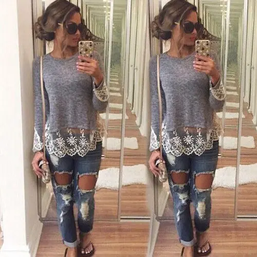 Women-039-s-Blouse-Loose-Long-Sleeve-Cotton-Casual-Shirt-Grey-Lace-Blouse-Size-S-XL