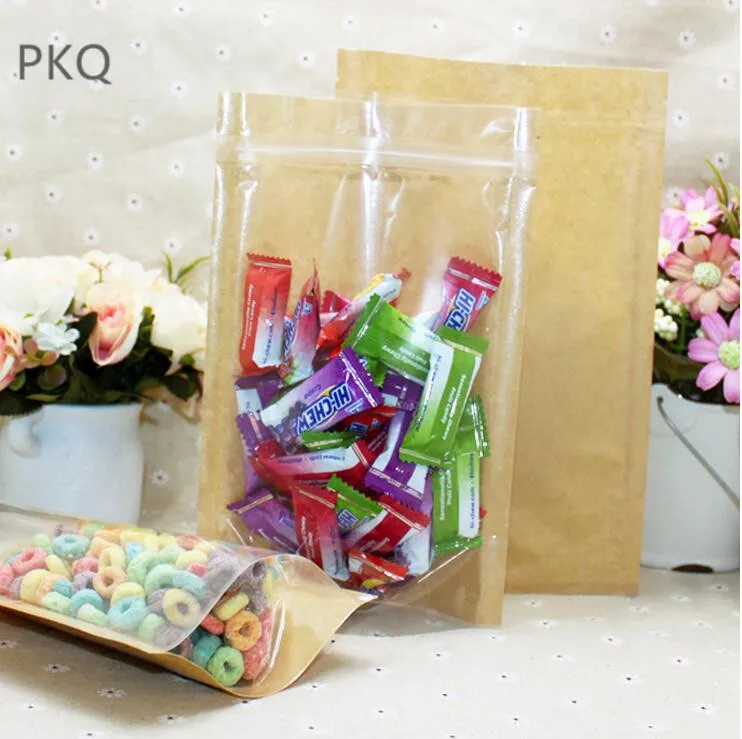 

100pcs Stand up Clear Window Ziplock Bag Shinny Party Wedding Kraft Paper Packaging Pouch Retail Candy Snack Coffee Bag