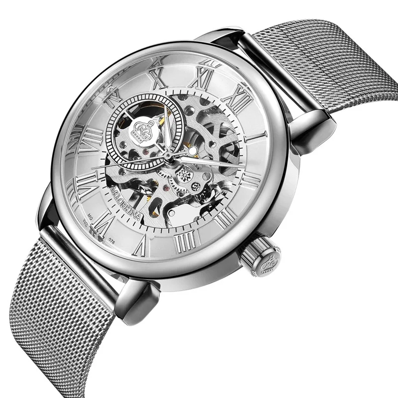 Уникальные серебряные мужские механические часы ORKINA, ультра тонкий дизайн, скелет, циферблат, нержавеющая сталь, сетка, ремешок, модные мужские наручные часы - Цвет: silver white