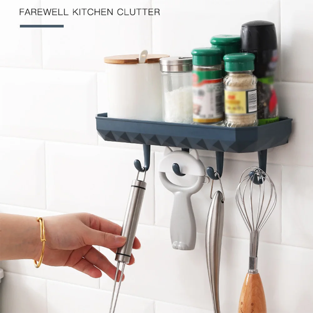 

Seasoning Shelf Kitchenware Stick On Drain Wall Mounted Kitchen Seamless Storage Rack Cup Organizer Soap With 4 Hooks Bathroom