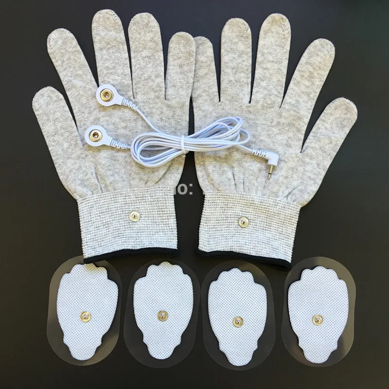 

1Pair Tens Conductive Gloves +4PCS Hand-Shape Electrode Pads +1PC 2.5mm Plug Cable For Body Digital Massager