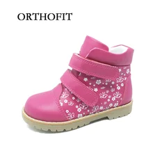 Fashionable children girls healthy orthopedic footwear autumn printing leather shoes with removable arch support insole