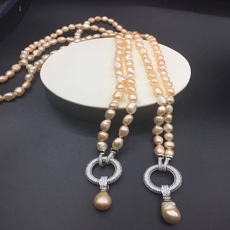 

100% Freshwater Pearl Long Necklace Natural Pink Color Baroque Pearl Sweater Necklace Jewelry Women Gifts Keshi Pearl Design