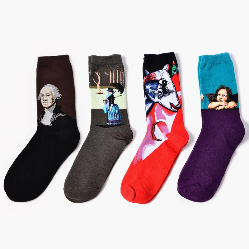 4 пар/лот, Ретро стиль, хлопковые мужские носки с принтом, Веселые носки, рисунок Харадзюку, дизайн Ван Гога, новинка, забавные - Цвет: 2
