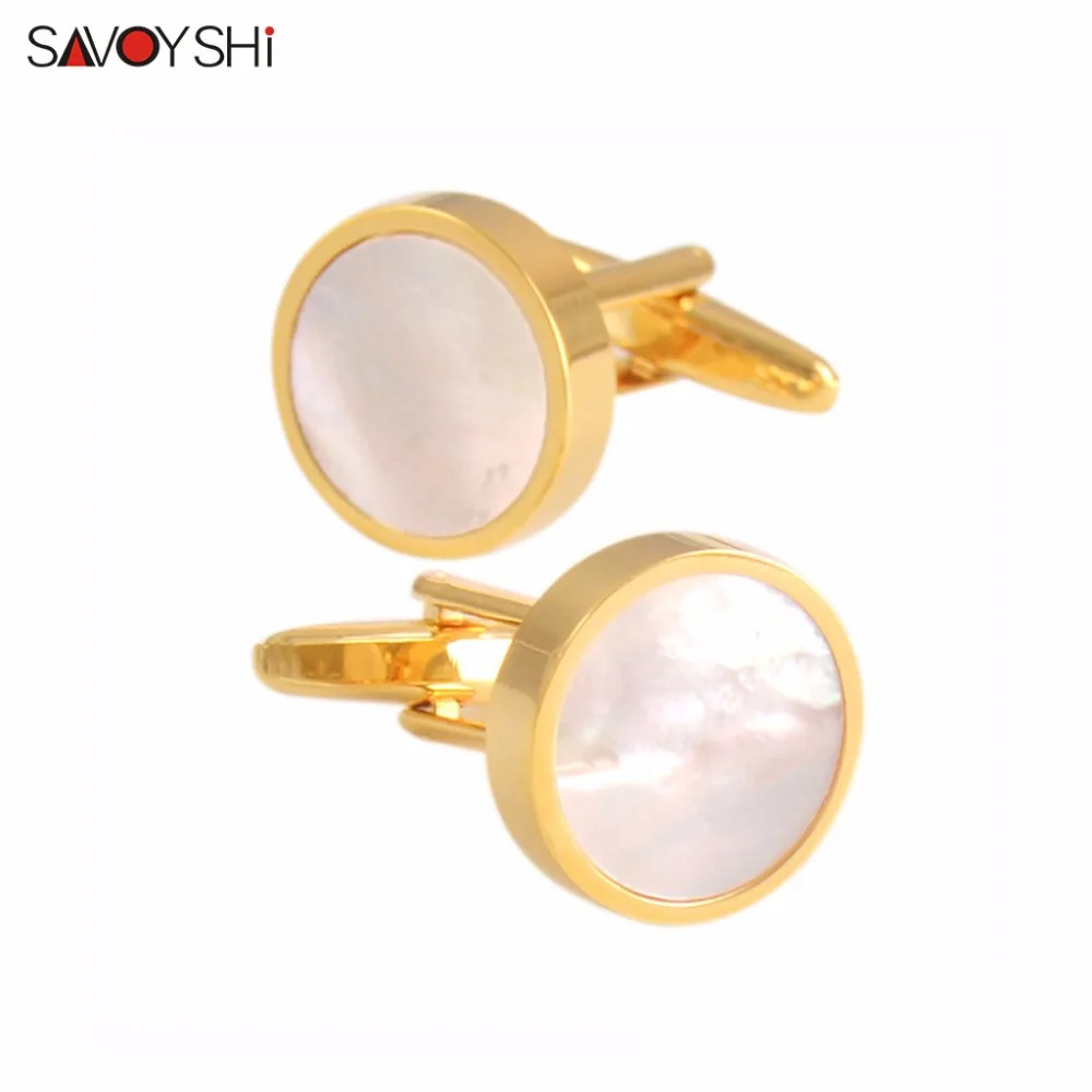 Запонки SAVOYSHI с круглым белым корпусом для мужских рубашек, запонки на пуговицах, высококачественные запонки золотого цвета, бизнес-подарок, брендовые ювелирные изделия