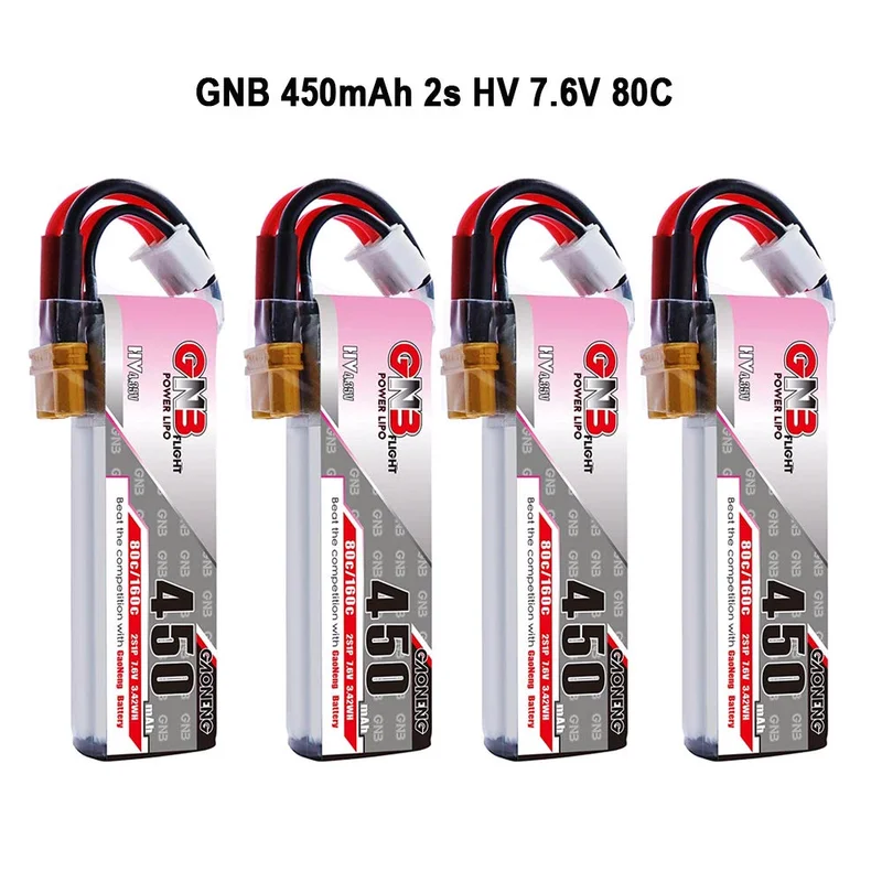 

2pcs GNB 450mAh 2S LiPo Battery HV 7.6V 80C XT30 Connector for FPV Racing Drone 2S Whoops Mini Aircraft Tiny Hawk Drones