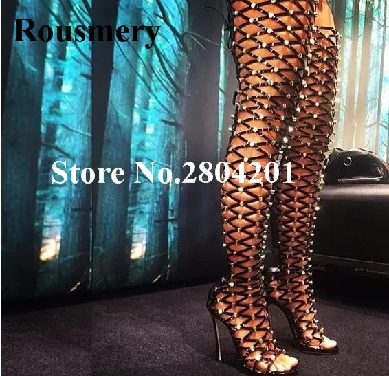 

Rousmery Fashion Cutouts Shoes Women Rivet Embellished Open Toe Stiletto High Heel Over The Knee Sexy T-Stage Summer Boots Women