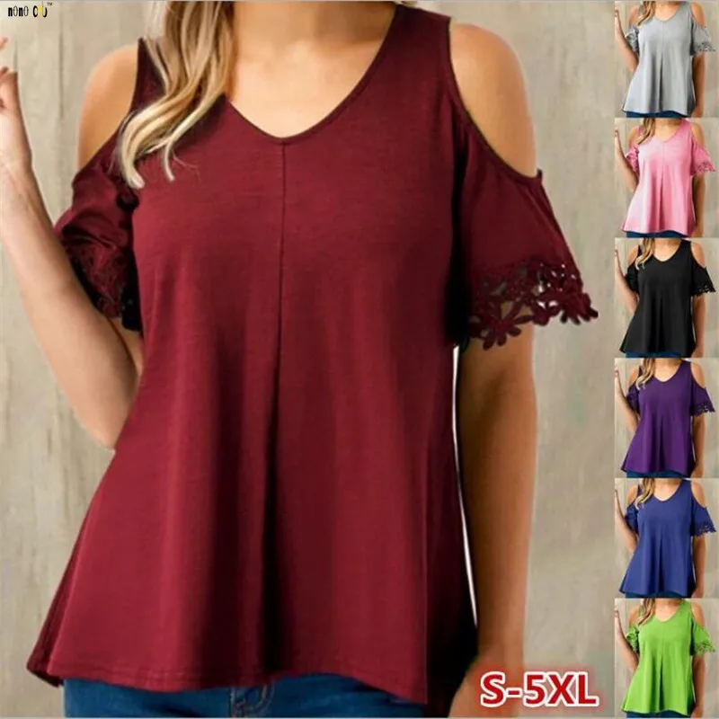 

Summer Women Clothes Large Size T-shirt Solid Color Sexy Strapless Lace Splice Short Sleeve All-match Summer T Shirt Women Top