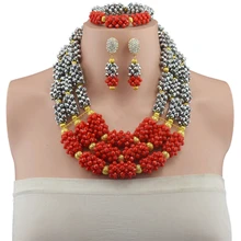 Nigerian Wedding African Beads Jewelry Set Crystal Sliver Red Three Row Steampunk Necklaces Earrings With Stones for Women