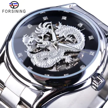 

Forsining Classic Dragon Design Silver Stainless Steel Diamond Display Men Automatic Wrist Watches Top Brand Luxury Montre Homme