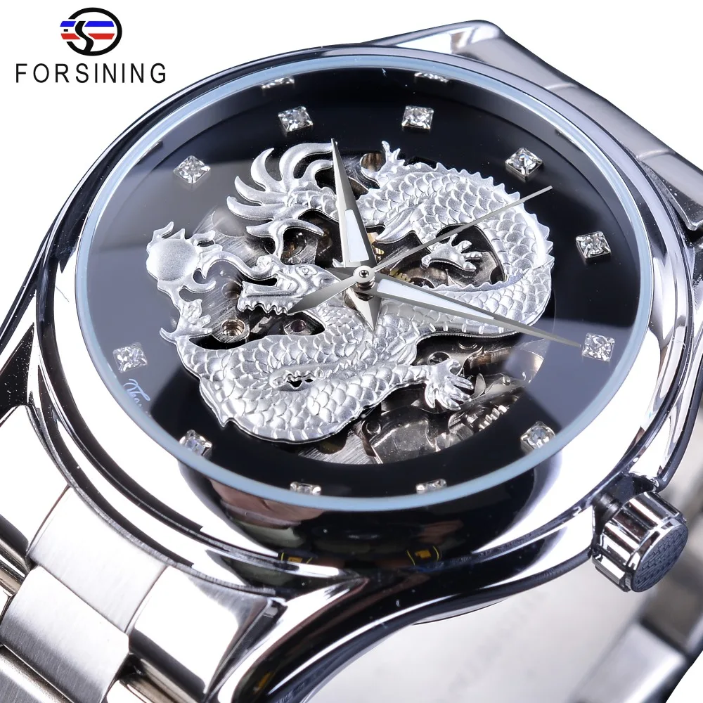 Design de Prata Relógios de Pulso Forsining Clássico Dragão Inoxidável Diamante Display Masculino Automático Marca Superior Luxo Montre Homme Aço