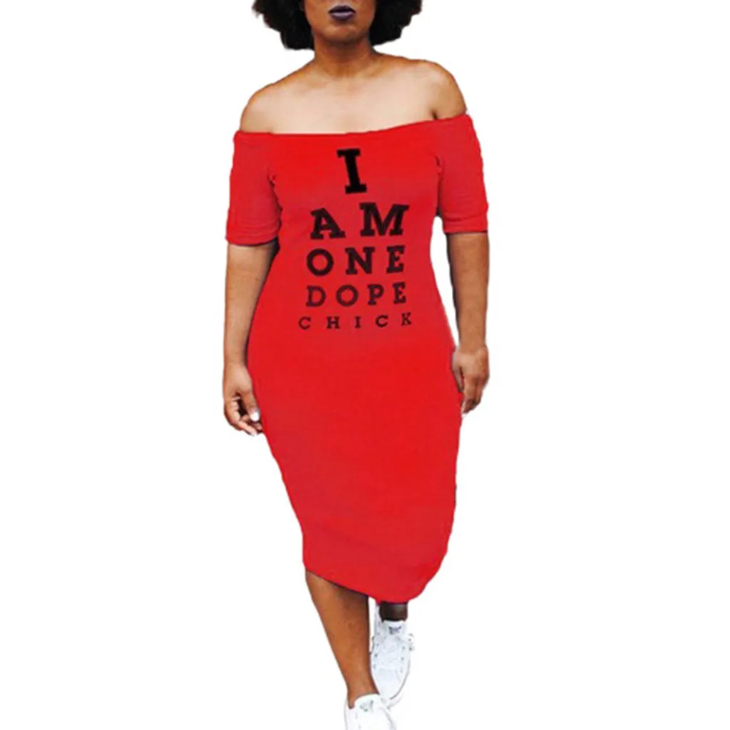 

Sexy T Shirt Dress Summer Slash Neck Short Sleeve Midi Dress Women Letter Print Casual Plus Size Dress