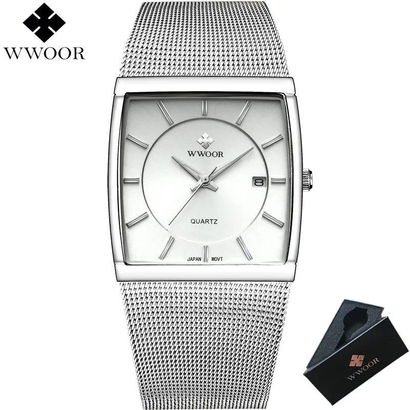 

WWOOR Top Brand Luxury Men Square Waterproof Sport Watch Men Quartz Clock Silver Stainless Steel Leisure Business Wrist Watch