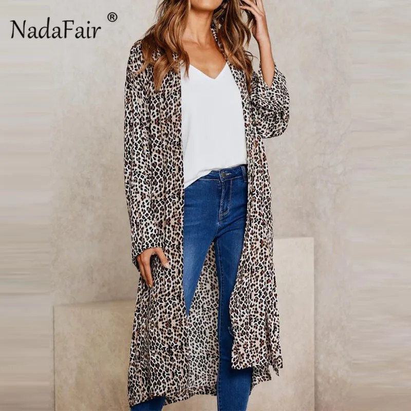 

Nadafair Leopard Long Shirt Female Autumn Spring V Neck Belted Split Chiffon Blouses And Tops Women Cardigan