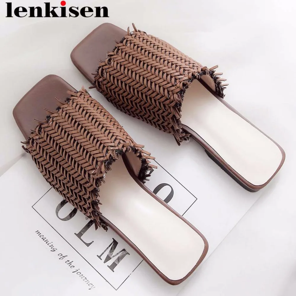 

Lenksien vintage weaving seaside slip on mules peep square toe young lady women shoes vocation sand beach outside slippers L32