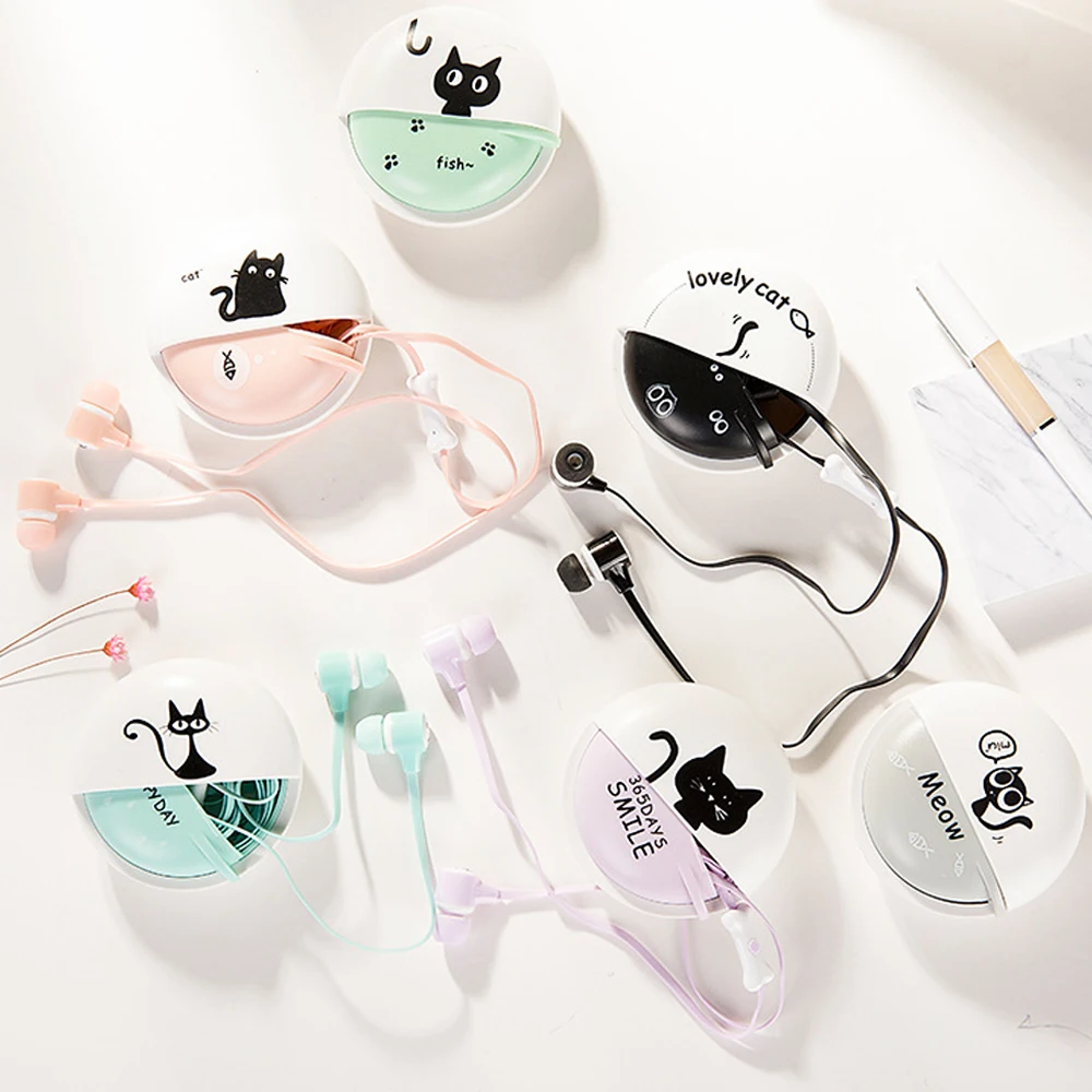 Cute Cartoon Cat Earphone 3.5mm In-ear Stereo with Mic Earphones Case for Phone MP3 MP4 for Girls Kid Child Student Gifts