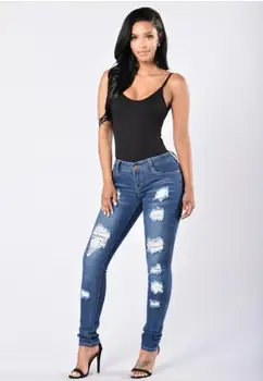 

Women's casual wear torn jeans 2019 thin waist jeans female torn jeans hole pencil pants fashion women