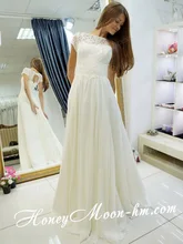 Gorgeous Factory Made Cheap Sheath Lace Overlay Corset Back Sweep Train Flowing Chiffon Wedding Dress With Short Sleeve MF395