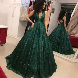 2019 блестящие зеленые блестки элегантные платья для выпускного Глубокий V бальное платье с круглым вырезом вечерние платье для выпускного