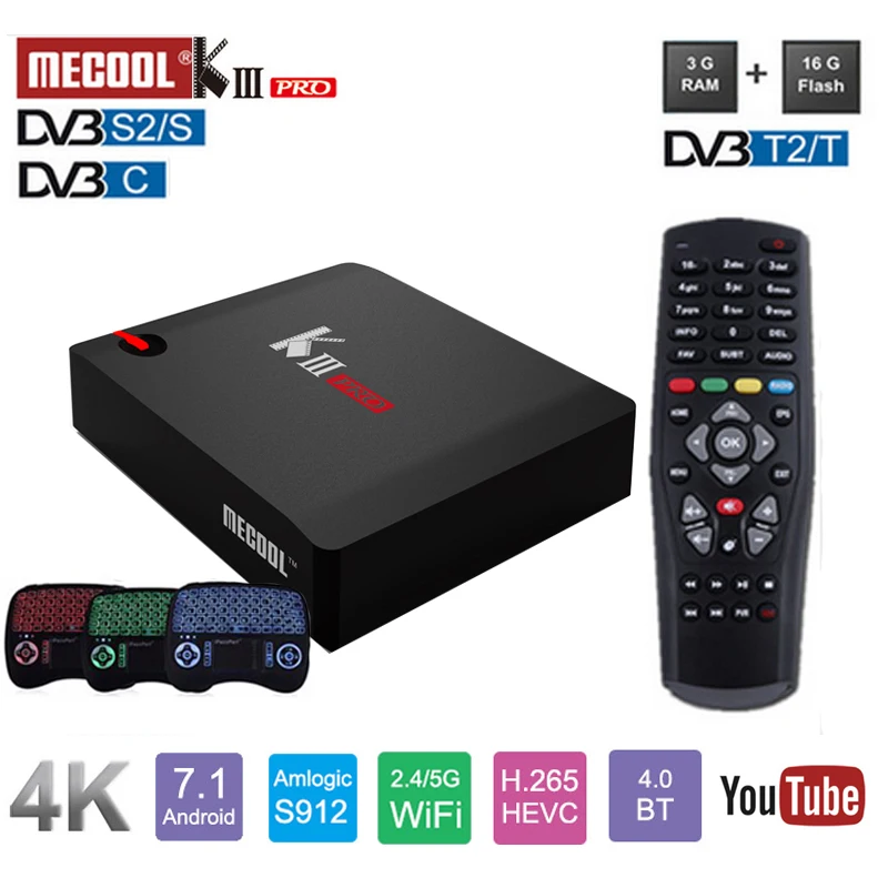 

MECOOL KIII PRO Smart TV Receiver Box Android 7.1 DVB-S2 DVB-T2 DVB-C 3GB 16GB Amlogic S912 2.4G/5G WiFi H.265 4K Media Player