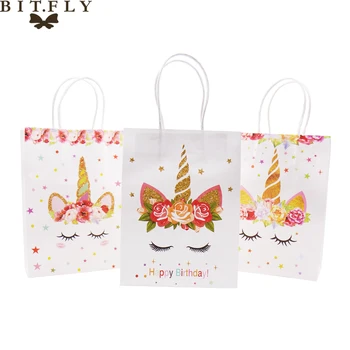 

BIT.FLY 10pcs Unicorn Kraft paper bag with handle Unicorn party DIY decoration Birthday party Favor gift bag kids party package