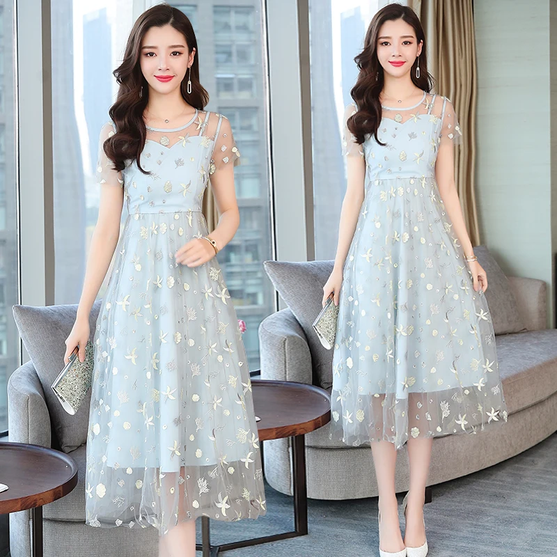 

Summer Print Star Party Women Dress Long Blue Korean Lace Elegant Lady Mesh Slim Beach Vacation Midi Vintage Runway Vestidos New