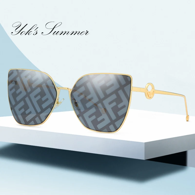 

YOK'S Polygon Large Frame Sunglasses Women Men Brand Metal Frame F Watermark Letters Gradient Hip-hop Sun Glasses Oculos WN1295