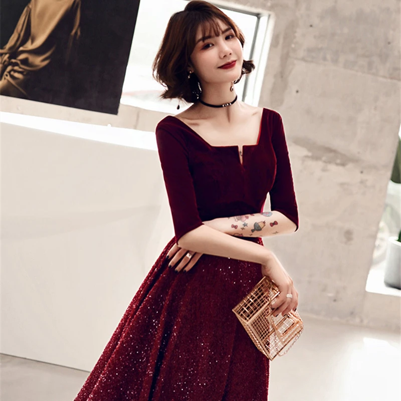 

2019 New Cocktail Dresses Elegant Sequined Party Formal Dress Royal Half Sleeves Zipper Back A-line Tea Length Prom Gowns E368