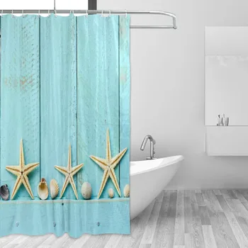 

Waterproof Shower Curtain Sea Shell Starfishes Pattern Bathroom Screen Fabric Bath Curtains with 12 Hooks