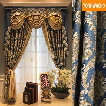 

Custom curtains European upscale high window living room large flower chenille blue cloth blackout curtain tulle valance B118
