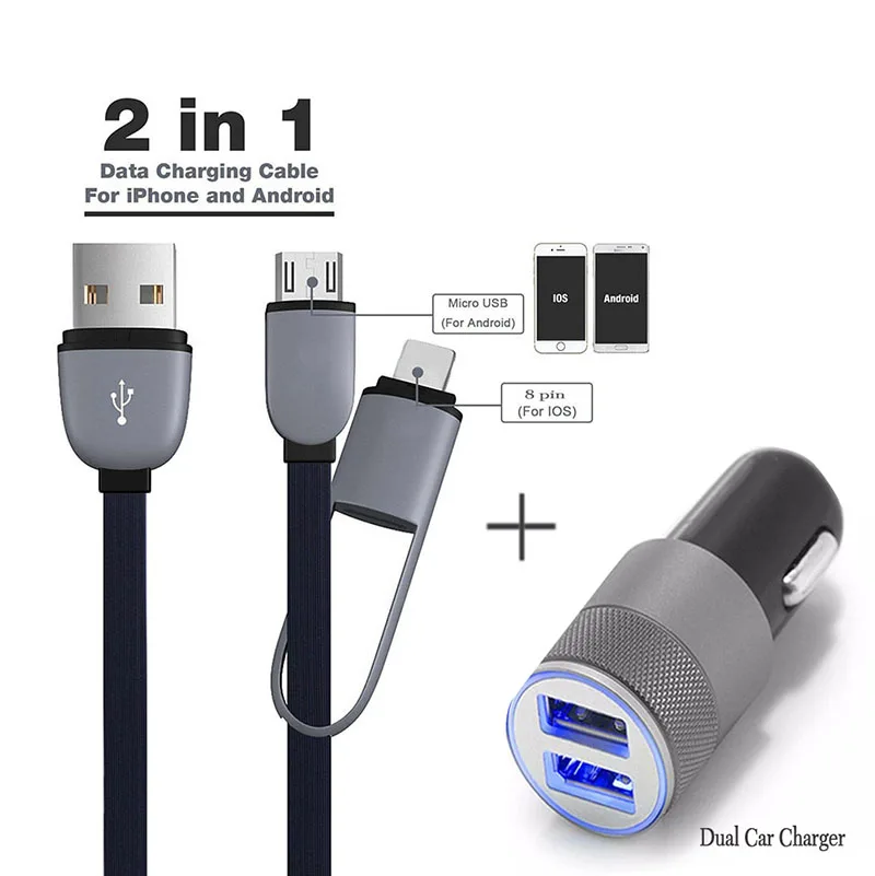 3.3FT Micro/8 pin USB Data Cable +12V 3.1A mini Dual USB Car charger