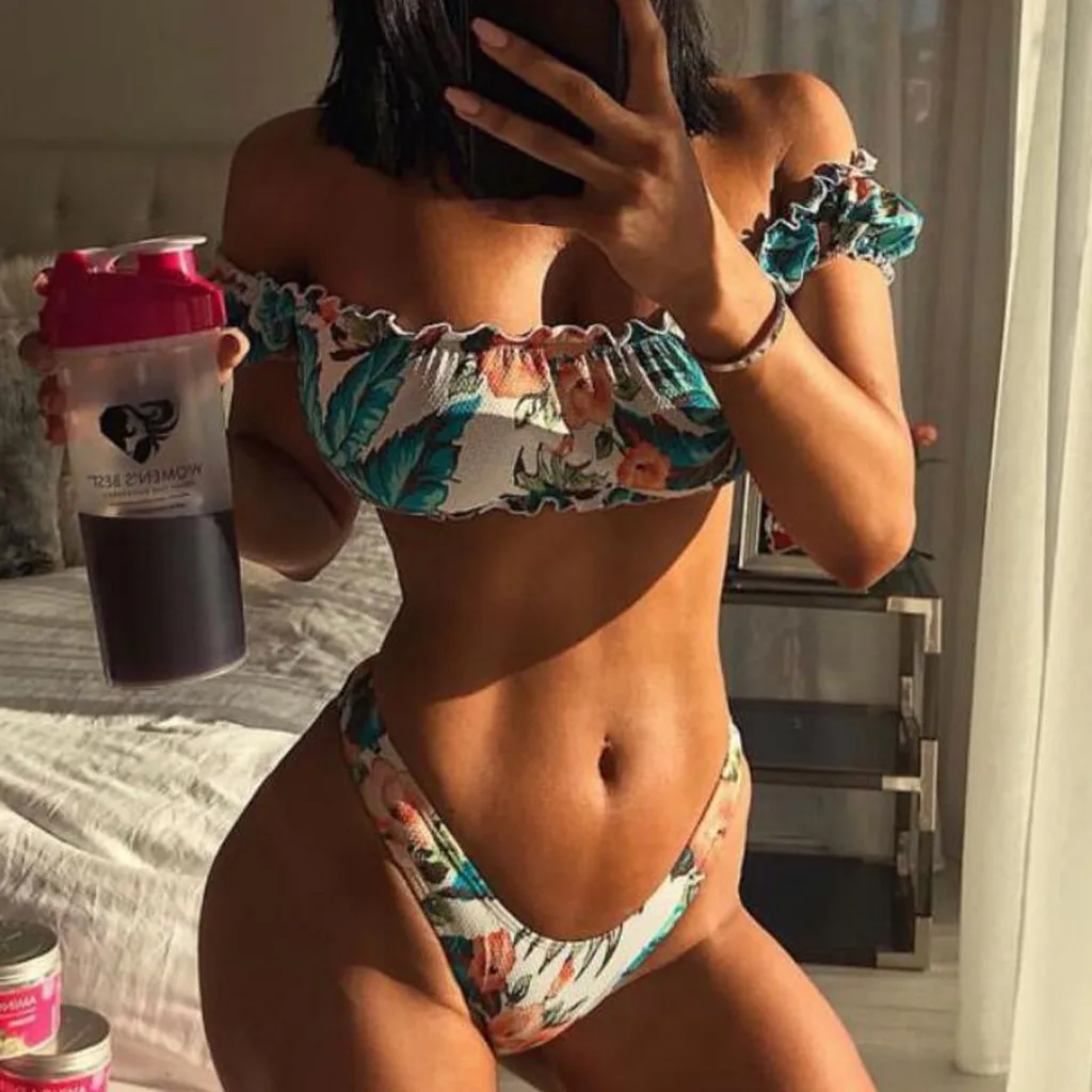 

Women's Sexy Bandage Ruffles High Waist Slash Neck Swim Sports Suit STube Top Split Swimsuit Female Bikini Summer Beach Swimwear
