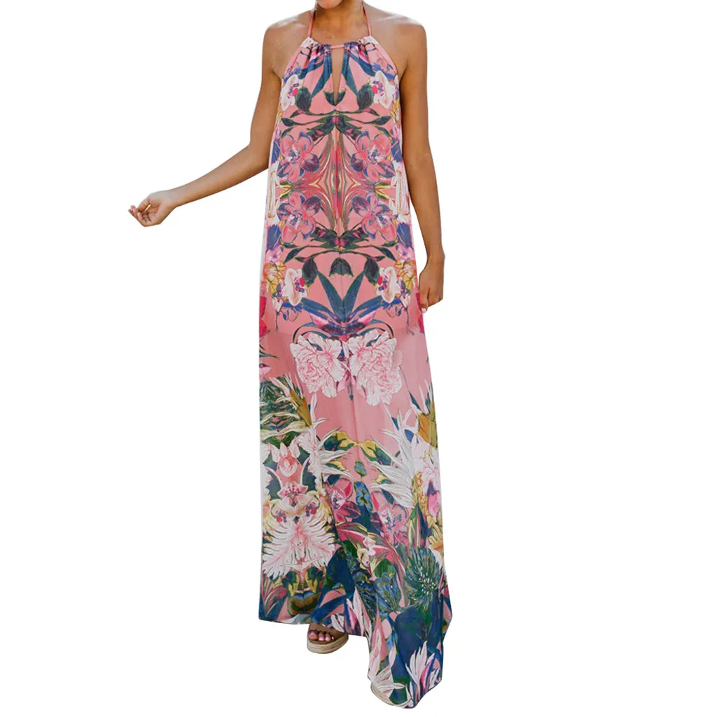 2019 New Fashion Women Fashion Floral Print Sleeveless Halter Slash Neck Bandage Maxi Long Dress B#