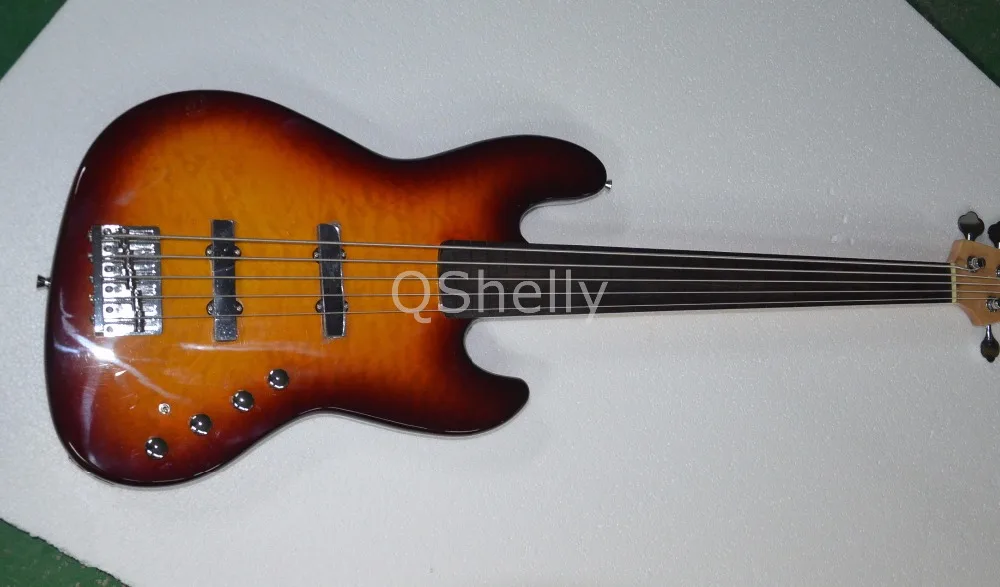 

top quality QShelly custom jazz quiteld maple alder body 5 strings ebony fretless active pickup miller electric bass guitar