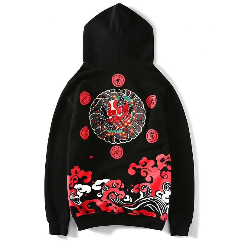 Loldeal Embroidery Top Quality Chinese Style Hoodies Men Sleeve Cotton Black Hoodie Sweatshirt