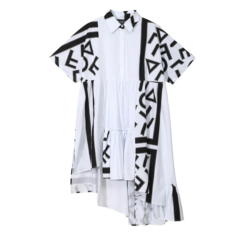 Корейский стиль женское летнее стильное белое платье-рубашка с геометрическим принтом для девушек размера плюс повседневное подиумное платье миди милое платье 5114 - Цвет: 5114 White
