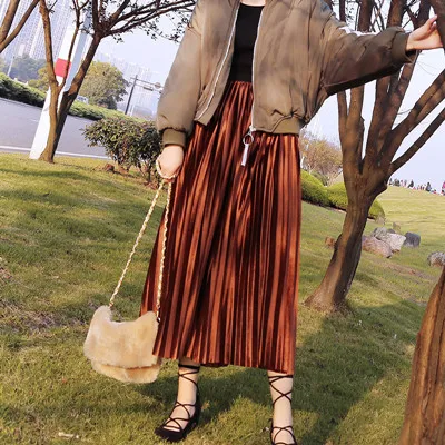 goldbrown Danjeaner корейские модные повседневные женские плиссированные женские юбки винтажные Однотонные эластичные бархатные юбки с высокой талией на осень и зиму - Цвет: goldbrown