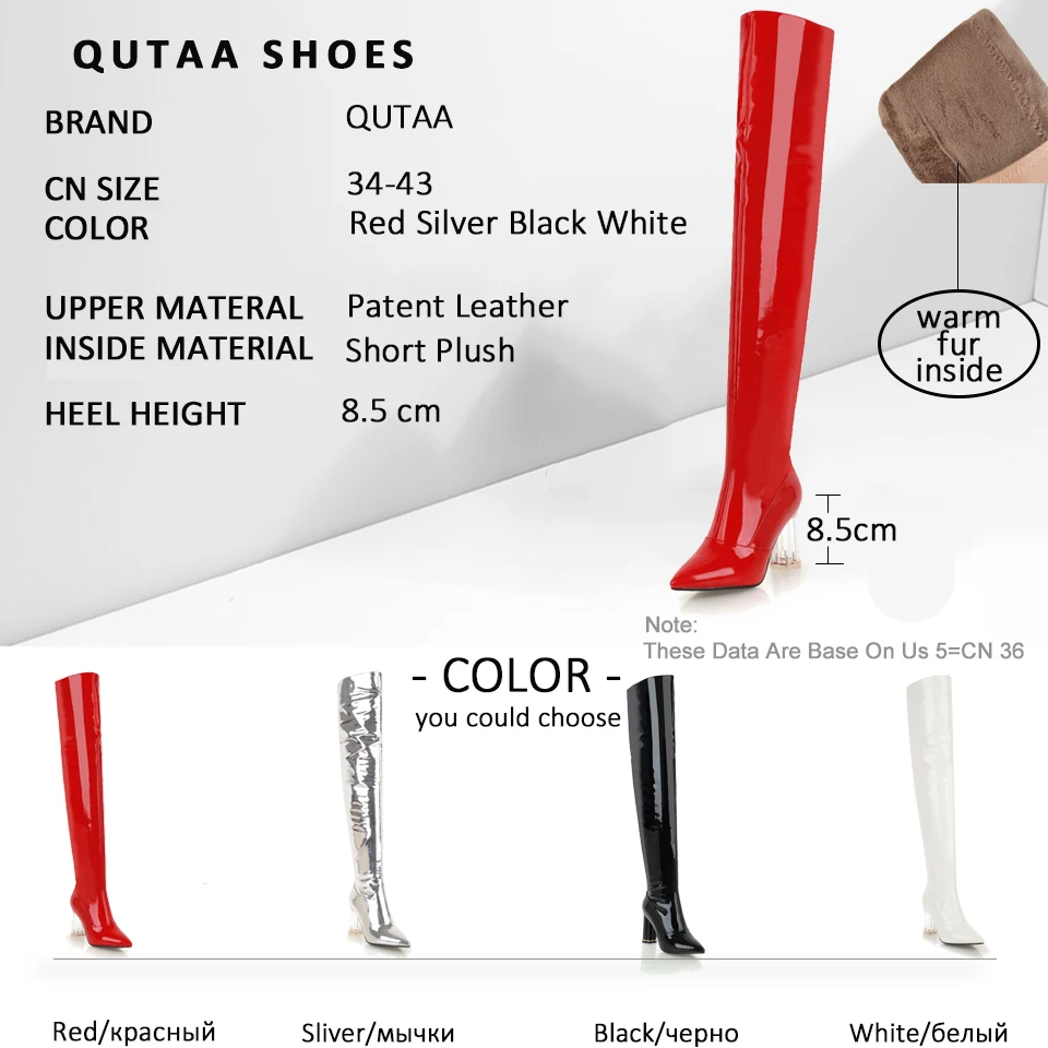 QUTAA/ г. Пикантные ботфорты из лакированной кожи модная прозрачная зимняя женская обувь на высоком квадратном каблуке с открытым носком размеры 34-43